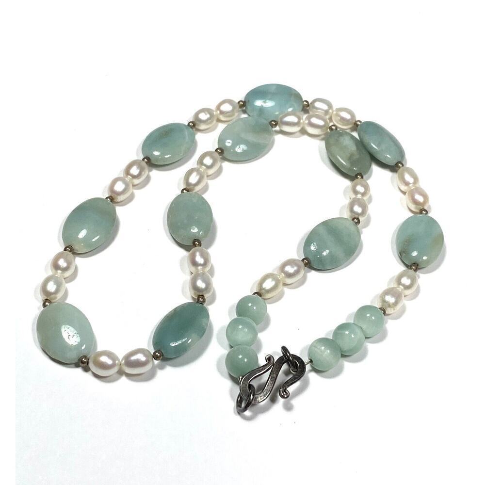 Necklace Freshwater Pearls Blue Sone Beads 19” Vintage Artisan Estate